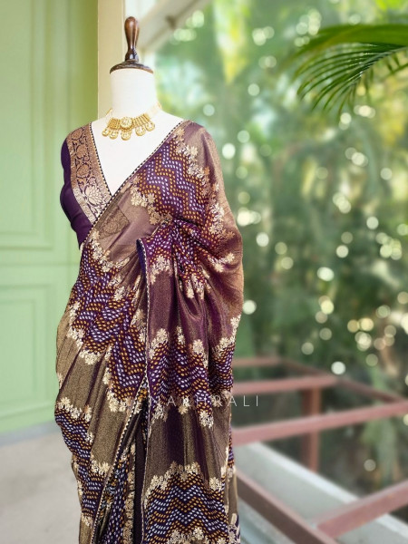 Morvyn Purple Saree with Bandhani Print and Zari Weave