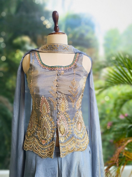 Auralis Grey Indo Western Set with Embroidered Jacket Top and Choker Dupatta