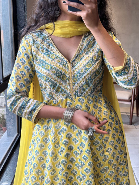 Madhavi Yellow Cotton Anarkali Suit Set With Floral Print