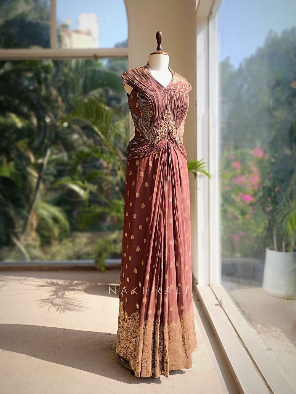 Kaizel Brown Indo-Western Gown with Brocade Butis Kaizel Brown Indo-Western Gown with Brocade Butis
