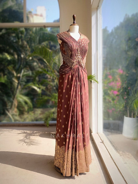 Kaizel Brown Indo-Western Gown with Brocade Butis