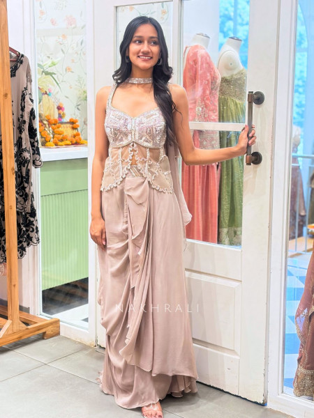 Kymera Beige Indo-Western Drape Skirt Set with Sequin Work