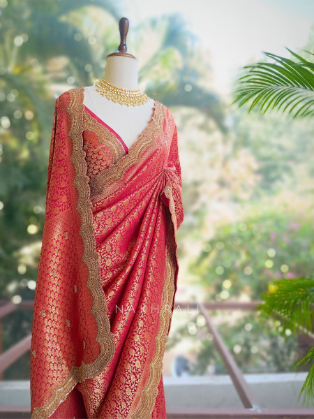 Kavira Red Saree with Zari Embroidered Border