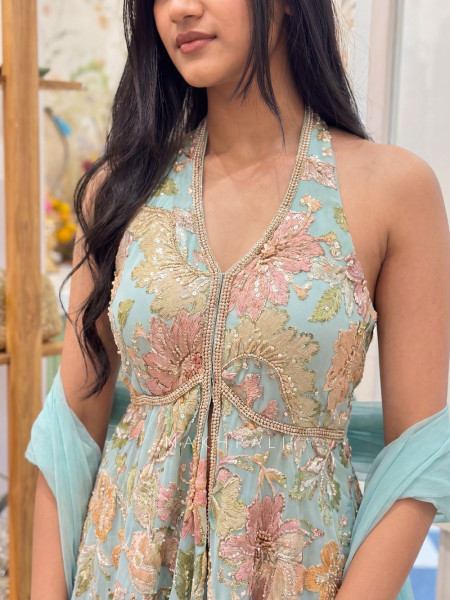 Gul-o-Glow  Sea Green Halter Neck Floral Sharara Suit