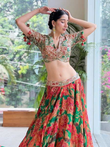 Gulnaar Green Mirror Work Lehenga Set