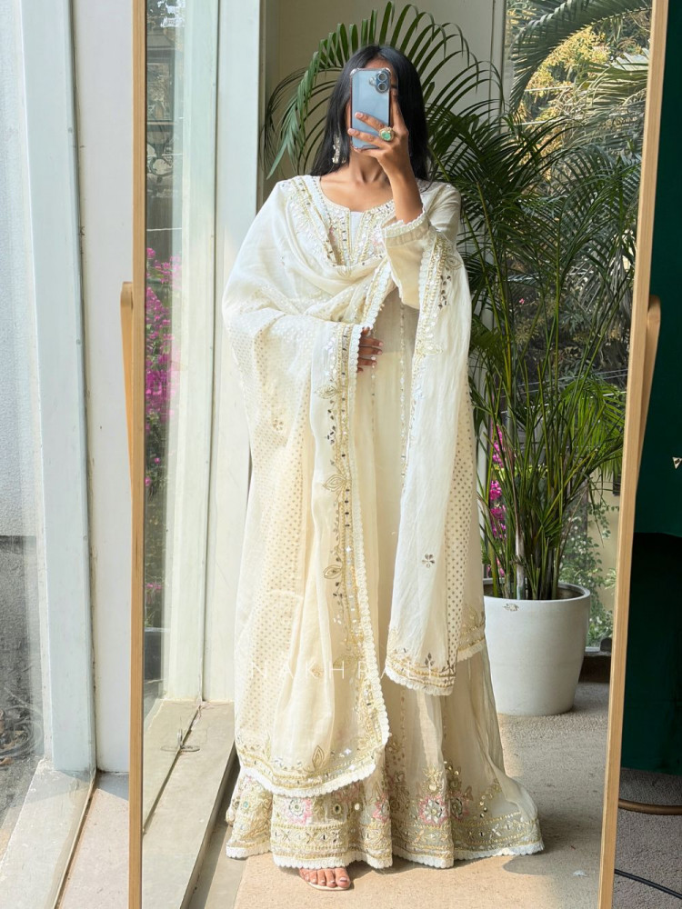 Image of Meira Cream Anarkali Set with Mirror and Embroidery Work