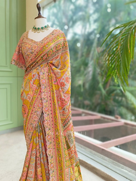 Basant Multicolor Printed Saree with Sequin Embroidery