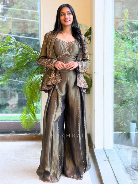 Enchanted Green Metallic Tissue Silk Indo-Western Palazzo Set