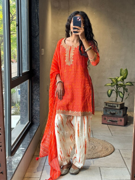 Rivkara Orange Bandhej Suit Set with Golden Embroidery and Bead Work