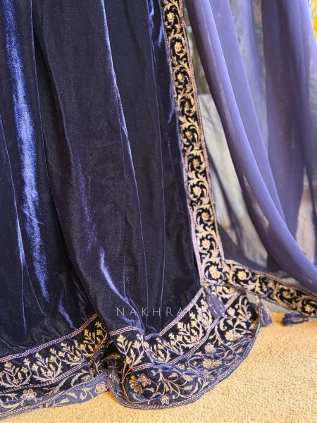 Valencia Navy Blue Velvet Kurta Palazzo Set with Zari Sequin Work