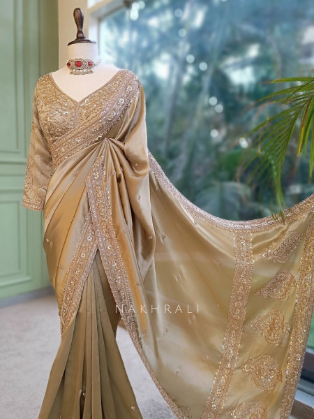 Hiranya Pista Green Metallic Tissue Silk Saree with Cutdana, Sequin & Paisley Embroidery