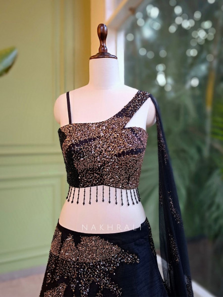 Twilight Dusk Black Sequin Embroidered Crop Top Skirt Set