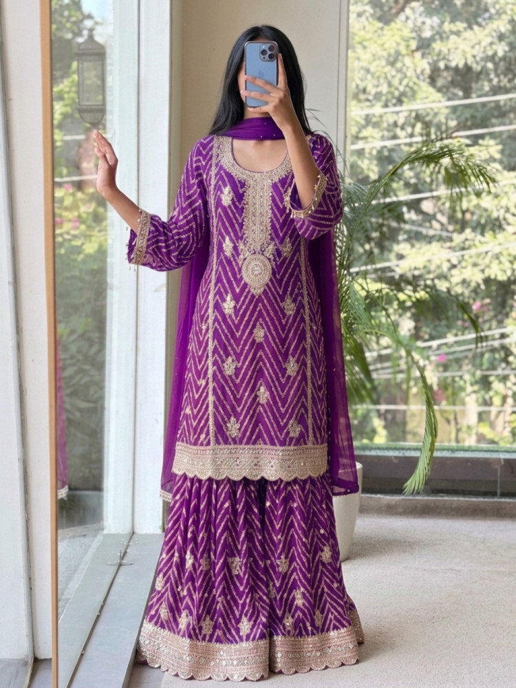 Image of Bib-Style Purple Georgette Sharara Suit Set