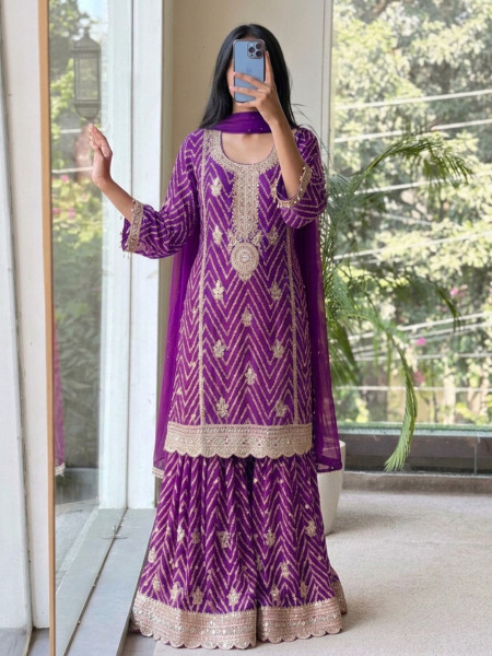 Bib-Style Purple Georgette Sharara Suit Set