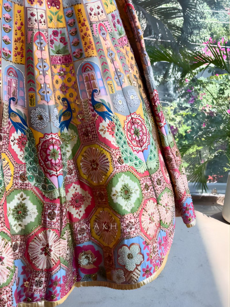 Jharokha Multicolor Lehenga with Mirror and Bead Work