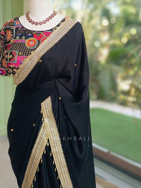 Rati Black Saree with Gota Patti Border & Multicolor Embroidered Readymade Blouse
