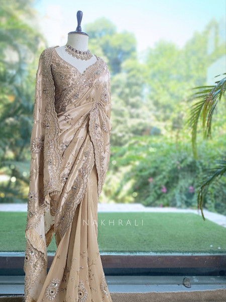 Celestine Beige Crushed Shimmer Silk Tissue & Silk Georgette Blend Saree
