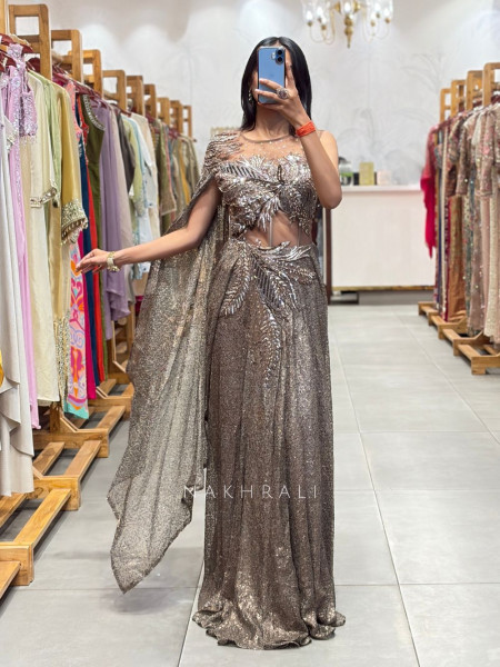 Ilyra Brown Embellished Drape Gown with Cape Detail