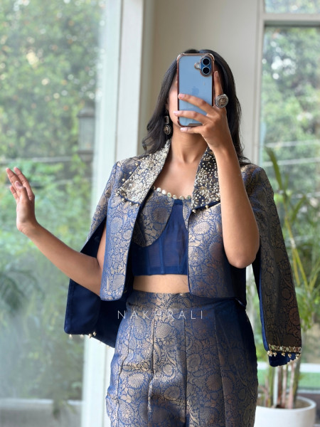 Vesper Blue Metallic Brocade Split-Sleeve Indo-western