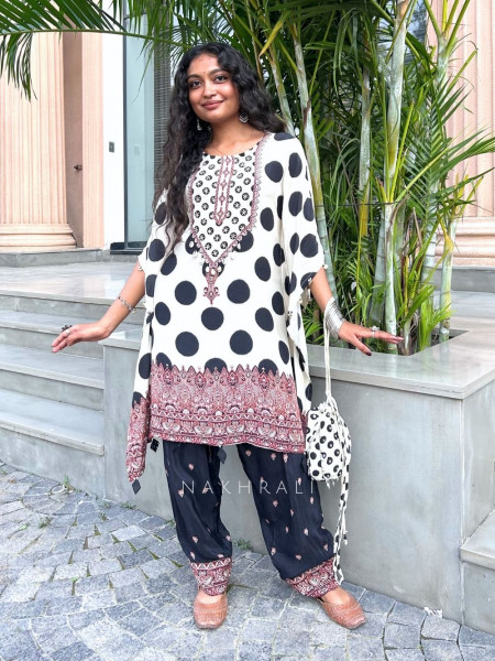Dot-Dot Cream & Black Modal Satin Kaftan Set Polka Dot, Cowrie & Coin Detail