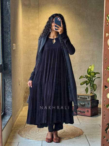 Calira Black Cotton Anarkali Suit Set with Organza Dupatta
