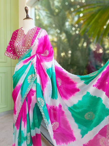 Rangriti Firozi Leheriya Saree with Sequin Gota Blouse
