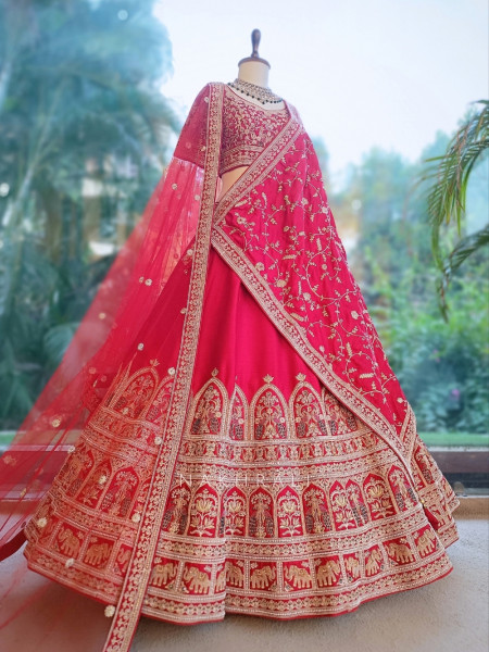 Kritisha Crimson Red Raw Silk, Silk Organza & Tulle Net Bridal Lehenga Set