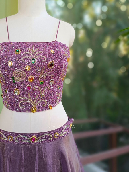 Urban Flare Wine Indo-Western Lehenga Set with Cut Dana and Stone Work