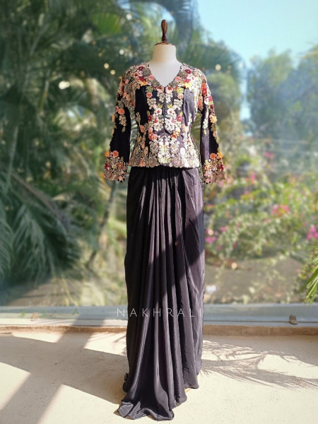 Averra Black Embroidered Jacket Skirt Set