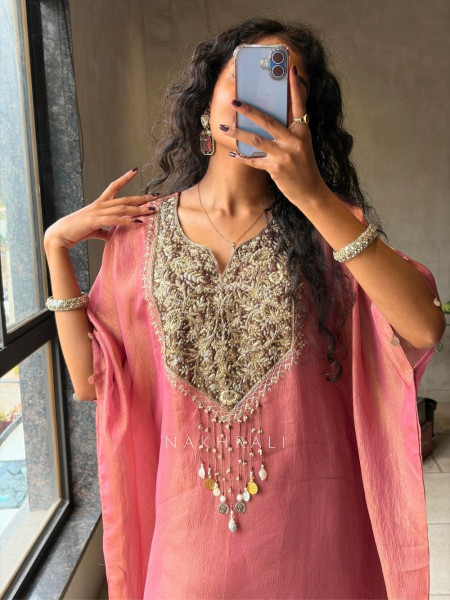 Riyana Pink Kaftan Set with Heavy Embroidered Neckline