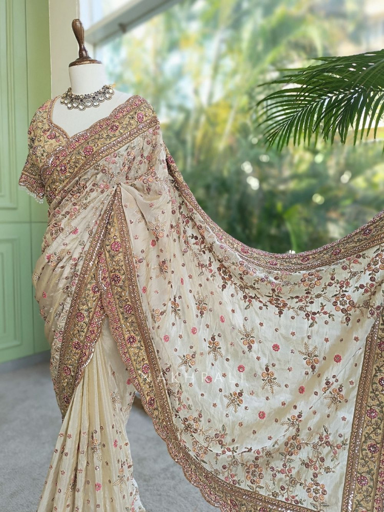 Image of Aroha Cream Embroidered Saree with Stone Work