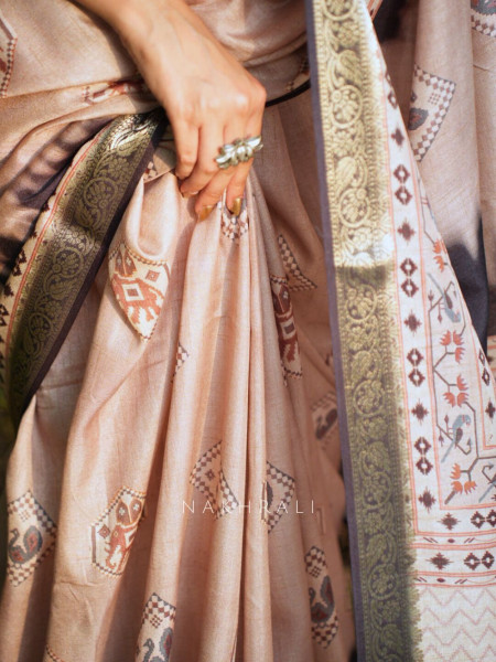 Taruja Beige Silk Saree with Traditional Print