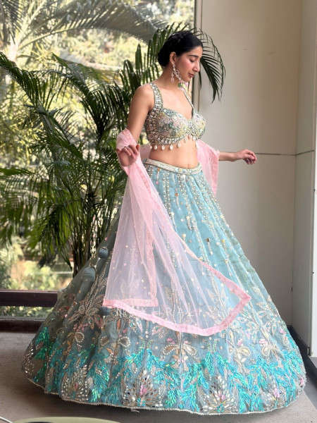 Azure Green Beaded Sequin Lehenga