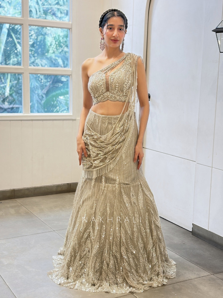 Image of Silver Monolith  Beige Metallic Tissue Mesh &amp; Tulle – Indo Western Mermaid Lehenga
