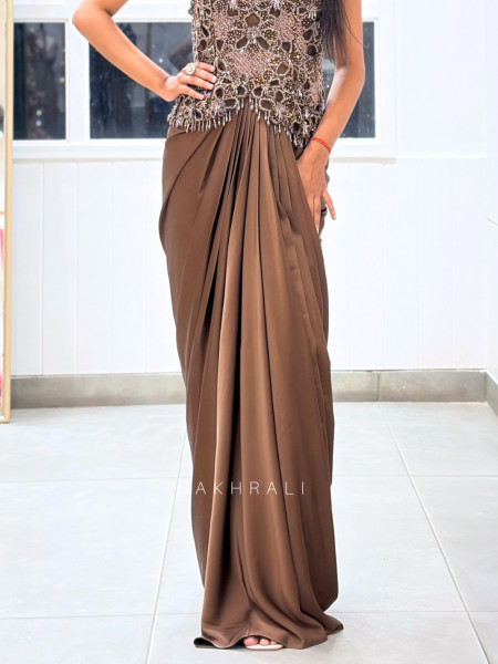 Mezora Brown Lycra Satin Indo-Western Crop Top Skirt Set