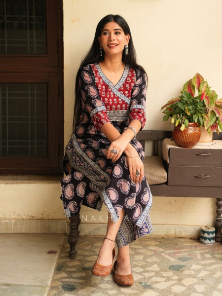 Yasmin Black Cotton Kurta with Sequin Patch Work