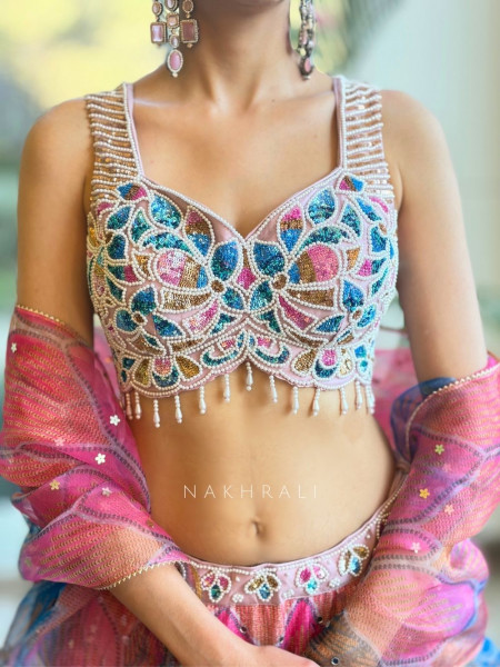 Azmira Blue Pink Floral Lehenga Set with Sequin and Bead Work