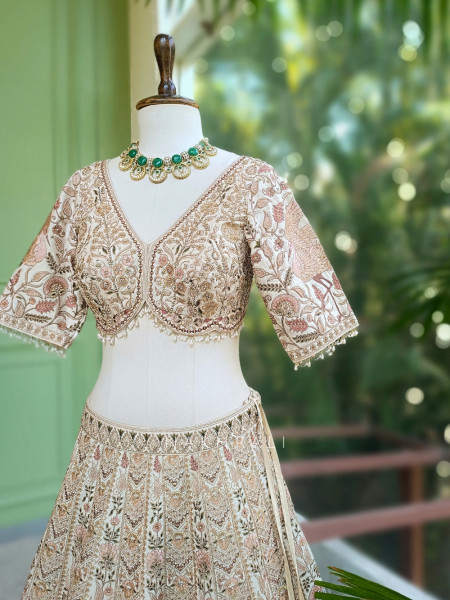 Elara Beige Bridal Indo Western Lehenga with Thread, Stone and Sequin Embroidery