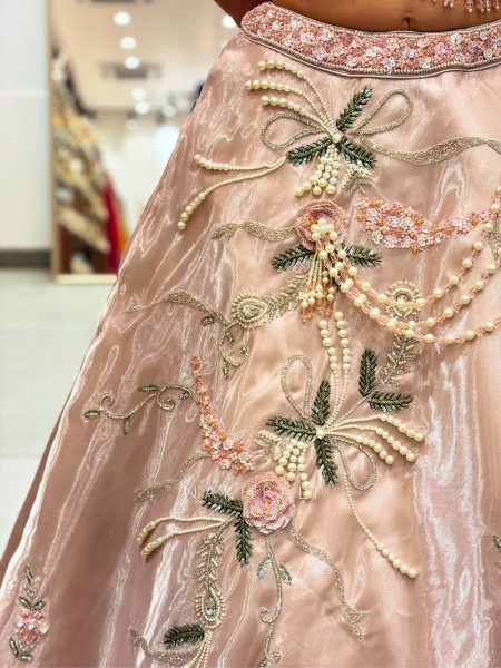 Rosamund Light Pink Tissue Silk Blend Indo Western Lehenga  With 3D Floral Pearl Embroidery