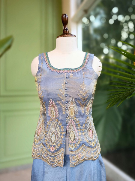 Auralis Grey Indo Western Set with Embroidered Jacket Top and Choker Dupatta