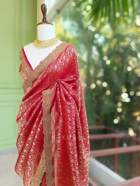 Kavira Red Saree with Zari Embroidered Border