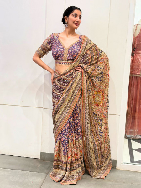 Aravali Purple Printed Saree with Stone Beads and Sequin Work