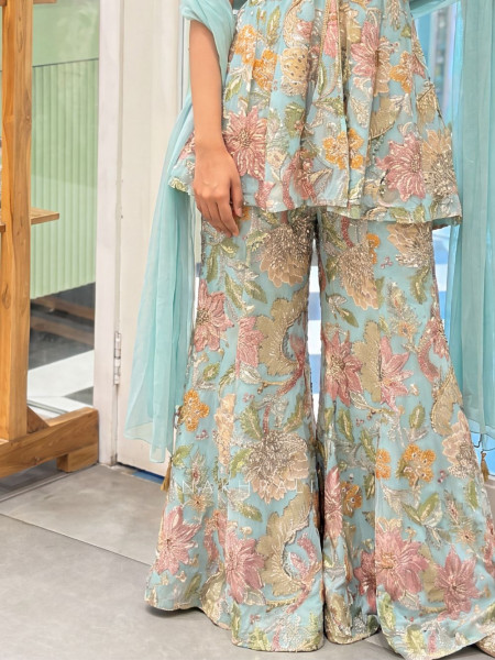 Gul-o-Glow  Sea Green Halter Neck Floral Sharara Suit