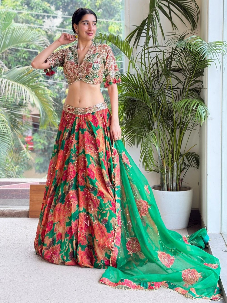 Image of Gulnaar Green Mirror Work Lehenga Set