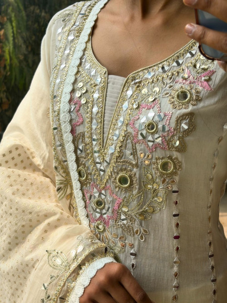 Meira Cream Anarkali Set with Mirror and Embroidery Work