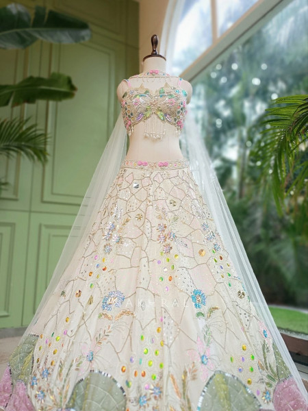 Ishvika Off-white Slub Silk & Tulle Carnival Lehenga Set