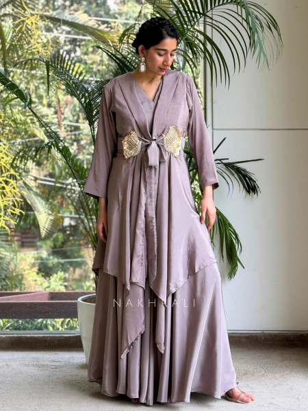 Avelora Brown Indo-Western Layered Set with Embellished Bow Detail