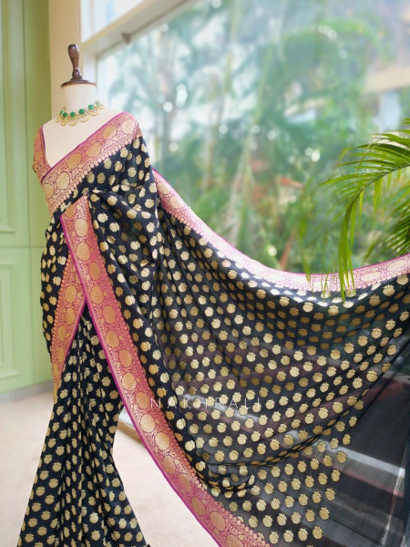 Obsidian Rose Black Banarasi Silk Blend Saree