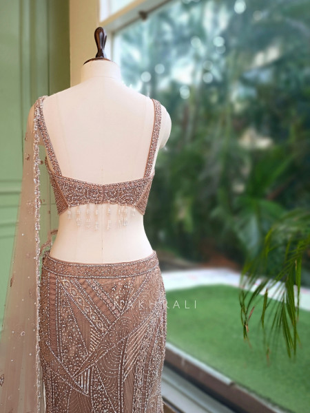 Cressida Beige Net Indo-Western Fishtail Lehenga Set