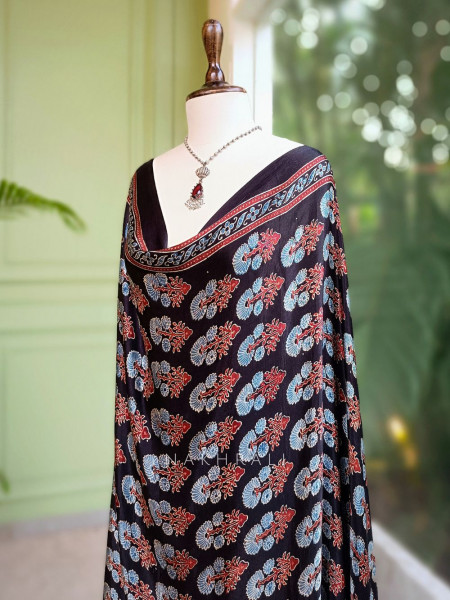Iraaya Black Modal Silk Dupatta with Ajrakh Print and Zari Accents